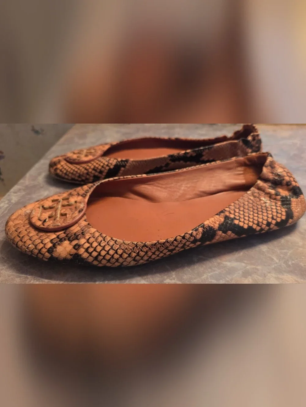 Tory Burch Pink Snake-Print Leather Ballet Flats